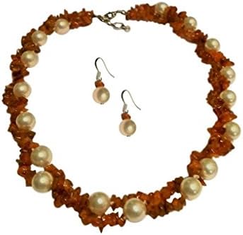 Two Strand White Simulated Swarovski Pearl, Orange Carnelian Necklace Set