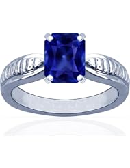 14K White Gold Emerald Cut Blue Sapphire Solitaire Ring