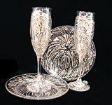 Fireworks Design - Hand Painted - Matching Set of Toasting Flutes - 6 oz. & 7 inch Cake Plates
