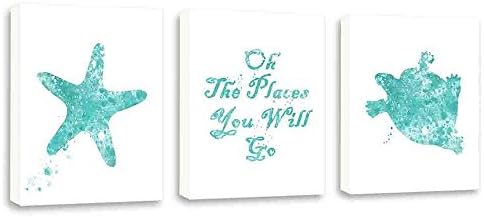 Sea-life - Ocean Themed Nursery Decor - Starfish - Turtle - Quote - Set of Three Gallery Wrapped Canvases