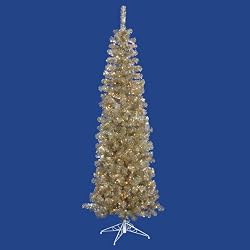 6.5' Pre-Lit Champagne Artificial Pencil Tinsel Christmas Tree - Clear Lights