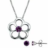 Sterling Silver Simulated Amethyst Flower and Stud Earring Set