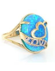 14K Solid Yellow Gold Blue Opal Love Heart Ring Jewelry