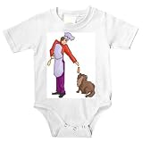 Onesie with man, body, individuals, feeding, individual, mammal, humans, person, dog, chef, human, persons, sausage, people, pet, animal, canine