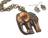 DaVinci Royal Raja "Jeweled" Faux Bone & Brass Elephant Pendant Necklace & Earring Set - LONG 30" Brass Chain