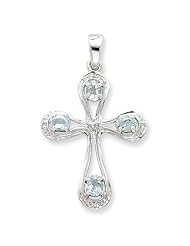 Sterling Silver Rhodium Aqua & Diamond Cross Pendant