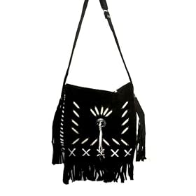 Cowgirl's Lady Biker's Leather Shoulder Bag with Fringes, Bones and Beads-Dark Brown