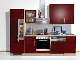 K&Atilde;&frac14;chenzeile 280 cm breit, gl&Atilde;&curren;nzend rot/Birke Dekor, inkl. Elektroger&Atilde;&curren;te/Arbeitsplatte/Glasschrank