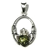 Certified Genuine Green Amber and Sterling Silver Claddagh Celtic Irish Pendant