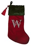 Christmas Stocking Red & Green Velvet w/Tassel, Rhinestone Monogram W