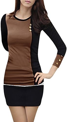 Vshop-2000 Woman Round Neck Long Sleeve Contrast Color Slim Fit Top Shirt