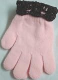 One Size Pink Color Magic Gloves Trimmed with Hand Crocheted Brown Chenille Cuff for Children 1-5 Years