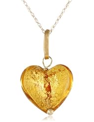 14K Yellow Gold Amber and Gold Murano Glass Heart Pendant Necklace, 18"