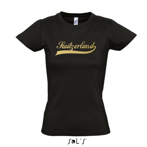 Damen T-Shirt – Switzerland Oldschool Schweiz LÄNDERSHIRT EM / WM FAN Trikot S-XXL , Deep black – gold , L
