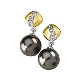 14K Yellow Gold Tahitian Cultured Black Pearl and Diamond Earrings