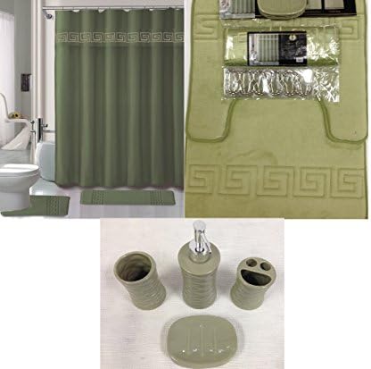 19 Piece Bath Accessory Set Square Sage Green Soft Memory Foam Bathroom Rug Contour Mat + Shower Curtain &amp; Ceramic Accessories