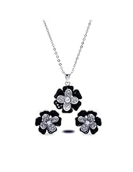 Nickel Free Sterling Silver Pendant & Earring Sets Black And Clear Flower Set