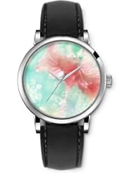 SPRAWL Aanalog Fashion Series Silver Ladies Watches of Genuine Black Leather Strap,Unique Wrist Watch for Women Girls Designed with Light pink flower in water drops