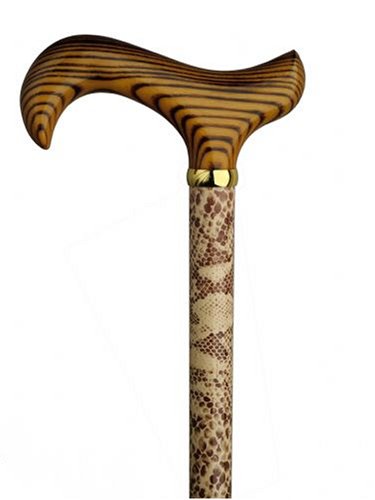 Snake Skin Walking Cane with scorched wood Derby Handle and brass band has solid maple wood 35 shaft that can be cut to the desired length.