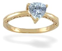 14K Yellow Gold Genuine Trillion Aquamarine Milgrain Ring