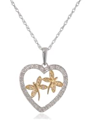Yellow Gold Plated Sterling Silver Heart Double Dragonfly Diamond Pendant Necklace (1/10 cttw, I-J Color, I2-I3 Clarity), 18"