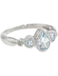 10k White Gold Pear Shaped Aquamarine 3-Stone Ring with Diamond-Accent