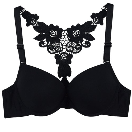 Finejo Womens Front Closure Lace Racerback Push Up Bra Black