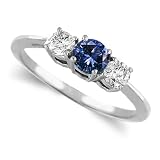14K White Gold Round 3 Stone Blue Sapphire & Diamond Dazzling Band (1/2 ctw)