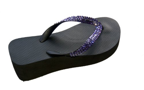 SWAROVSKI CRYSTAL HIGH WEDGE BLACK TANZANITE SANDAL FLIP FLOPS THONG U.S. SIZES 5-10