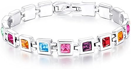 Women Silver-Tone Plated "DESTINY" Tennis Bracelet Swarovski Elements Crystal Jewelry 7.5 " Length (Rainbow color)