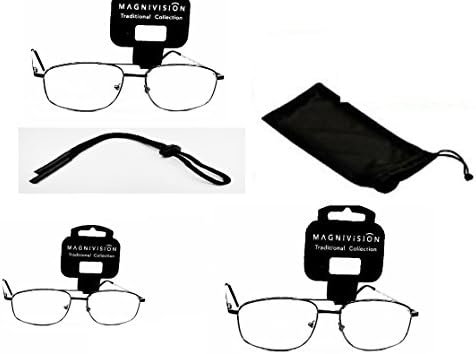 3 Pairs Magnivision Clear Bifocal Reading Glasses, Global Vision Eyeglass Strap, & Microfiber Case "Glen" By Foster Grant w/ Spring Hinges (3.00 diopter)