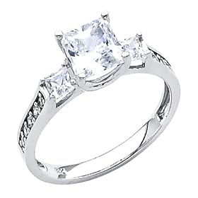 14K White Gold Princess Three Stone with Side Stone CZ Cubic Zirconia Wedding Engagement Ring Band - Size 4
