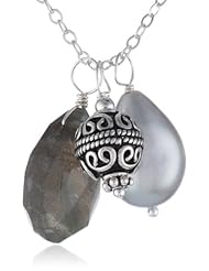 Silver Grey Rice Freshwater Cultured Pearl, Faceted Pear Shaped Labradorite Nugget and Sterling Silver Accent Bead Sterling Silver Chain Necklace, 18"