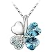 White Gold Plated Swarovski Crystal Heart Shaped Four Leaf Clover Pendant Necklace - Aqua