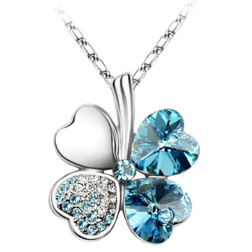 White Gold Plated Swarovski Crystal Heart Leaf Clover Pendant Necklace