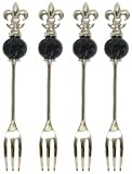 Decorative Fleur De Lis Cocktail Fork Set of Four with Black Glass Bead