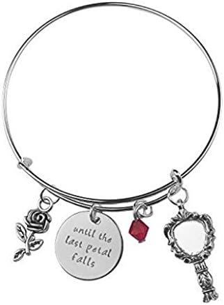 LAJewelry Beauty and The Beast Inspired "Until The Last Petal Falls" Red Bead Mirror Charm Expandable Silver Plated Bracelet Bangle