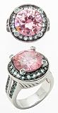 Rhodium Plated Sterling Silver 12mm Round Bright Pink Faceted CZ Cubic Zirconia Ring (Size 9)
