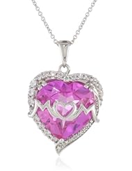 Sterling Silver Created Pink and Created White Sapphire and Diamond Raised "Mom" Heart Pendant Necklace, 18"