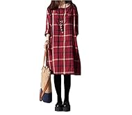 Plus Size Plaid Print Long Sleeves Cotton/Linen  Dress