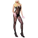 Leg Ave Women's Lace crotchless Bodystocking with Criss Cross Back-Style #8146, Black