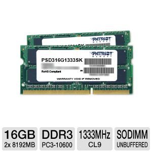 Patriot Signature DDR3 16GB 1333MHz SODIMM Kit (PC3 10600) PSD316G1333SK On Sale