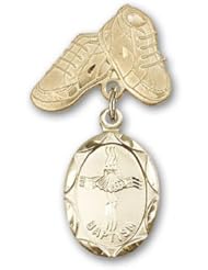 Gold Filled Baby Badge with Baptism Charm and Baby Boots Pin