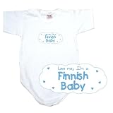 BABY BODYSUIT WHITE  LIGHT BLUE CLOUD LOVE ME , I'M FINNISH  FINLAND 0 - 3 Months