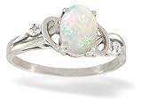 14K White Gold Genuine Oval Opal and Diamond Ring