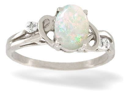 14K White Gold Genuine Oval Opal and Diamond Ring