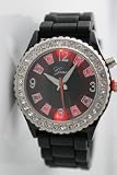 Women's Geneva Black Light Up Watch Silicone Rubber Jelly with CZ Crystal Rhinestones Face Bling Bezel
