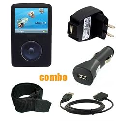 6 Piece Value Combo Accessory Bundle Kit: Black Silicone Skin Case Cover + Car Charger + Travel Charger + USB Data Sync Cable + Armband + Belt Clip for Sansa Fuze Series MP3 Player