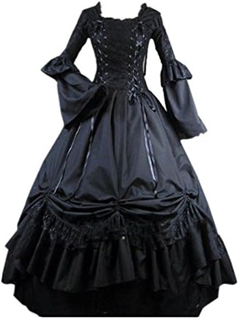 Cozy Age Women's Long Sleeves Lace Bandage Square Collar Victorian Dress Medium,Black