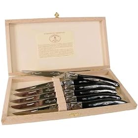 Laguiole boxed set of 6 stainless steel steak knives real horn handles by Laguiole